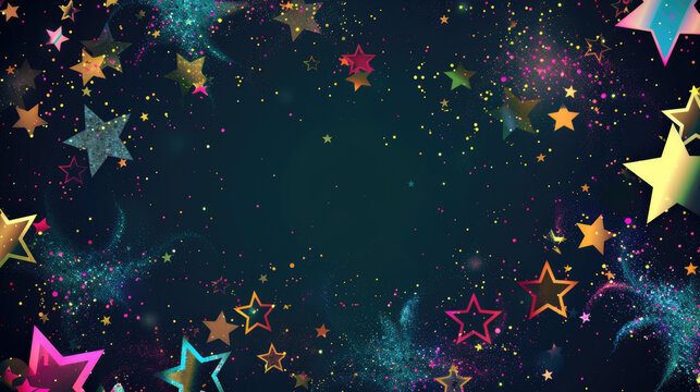 Colorful stars and confetti on dark blue background with empty space for text, festive celebration design