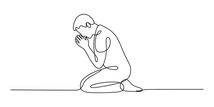 Continuous line drawing of a man praying on his knees