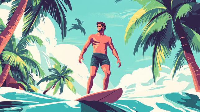 Surfer riding surfing board and looking at ocean waves on tropical beach with palm trees framing view background