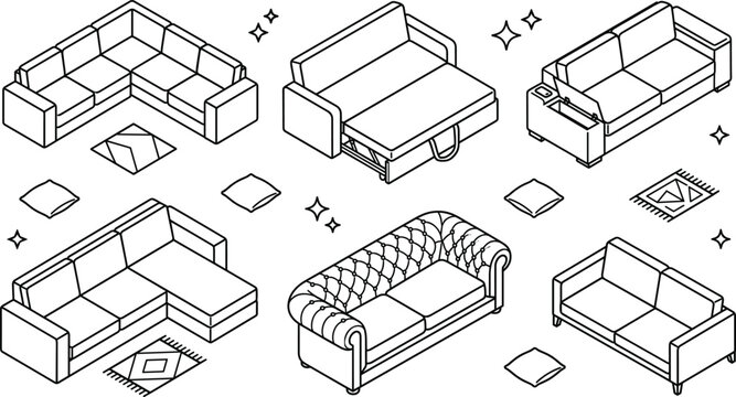 Isometric sofa vector collection featuring sectional couches sleeper sofa chesterfield furniture set outline illustrations for interior design icons