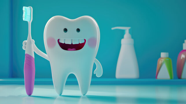 Happy tooth character with toothbrush and toothpaste in bathroom setting for dental hygiene concept background