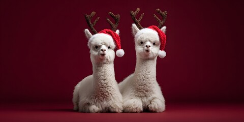 Fototapeta premium Two white alpacas wearing Santa hats and reindeer antlers on red background