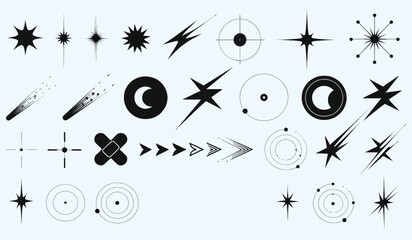 Collection of celestial and geometric abstract graphic elements with stars shooting and orbits on blue background © RANGER BYTE