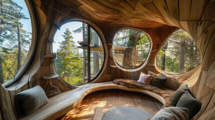 Obraz premium Concept of modern eco cozy wooden interior with curved organic design featuring round windows and forest view background