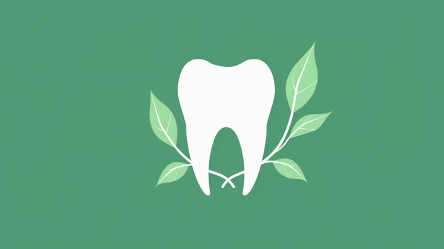 White tooth with green leaves on neutral background representing natural dental care and eco-friendly oral health
