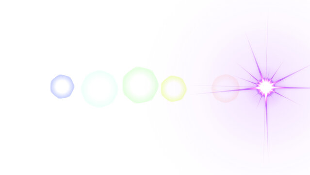 Abstract featuring a series of colorful octagonal apertures and a large purple concentric circular lens flare effect on the right side