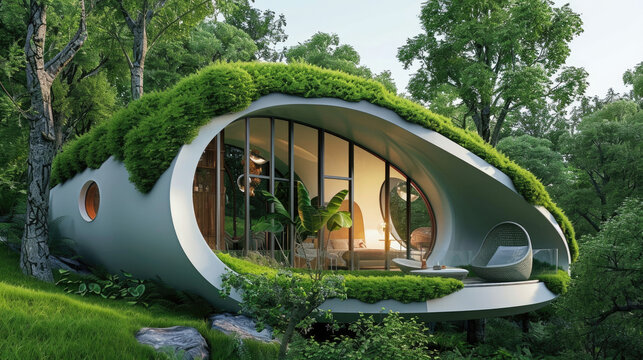 Concept of modern eco treehouse with curved architecture nestled among trees in lush forest setting background