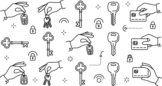 Keys and security access icons set with hand holding car key fob vintage key padlock and credit card