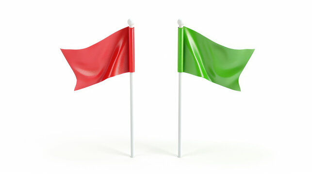 Red and green flags on poles isolated on white background, safety and warning signals