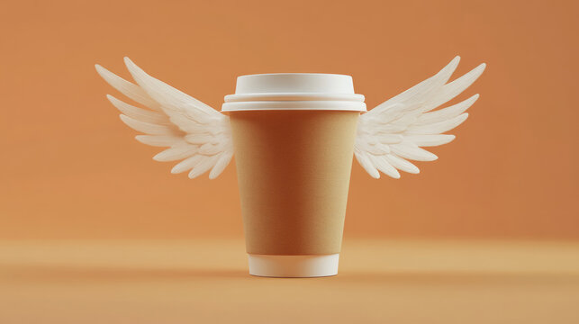 Winged takeaway coffee cup on colored background - creative concept of energy boost and morning inspiration