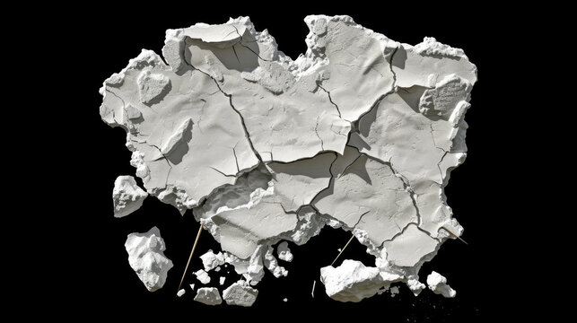 White plastered wall with cracked irregular surface and broken fragments on dark background