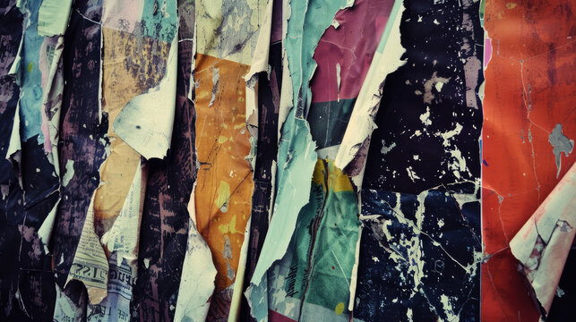 Old torn paper striped layers on grunge wall with peeling colorful posters abstract texture background