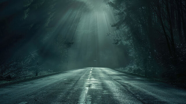 Mysterious foggy forest road with dramatic light rays and ethereal atmosphere