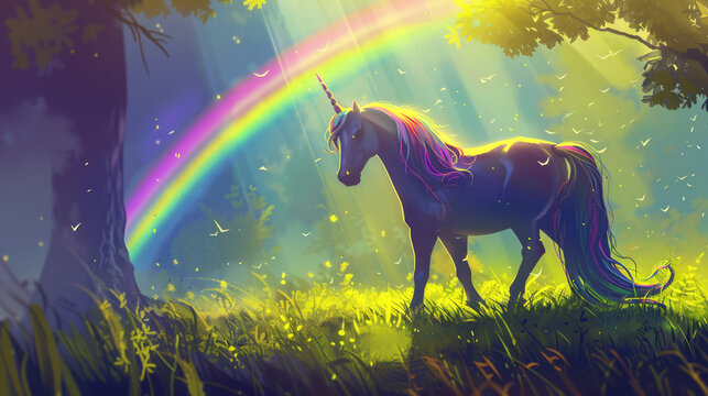 Magical unicorn in enchanted meadow with rainbow and glowing particles in fantasy landscape