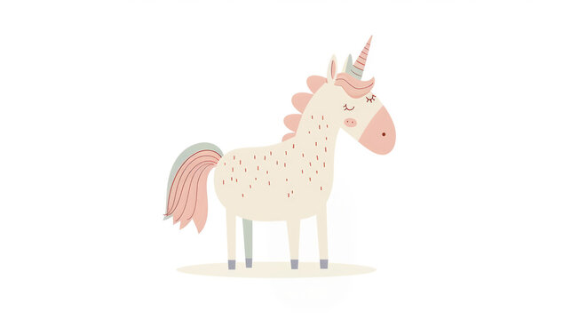 Minimalist cream unicorn with peachy mane and golden horn illustration on white background
