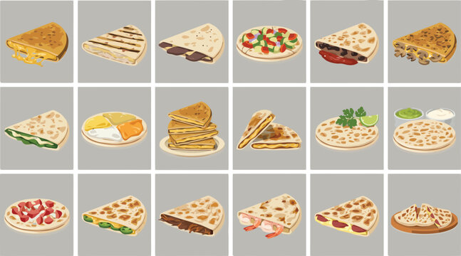 Set of delicious quesadillas with various fillings and toppings, flat vector illustration for menu design concept