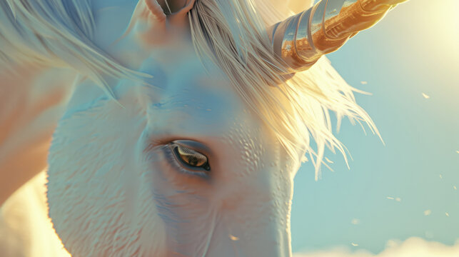 Elegant white unicorn with glittering spiral horn against soft background