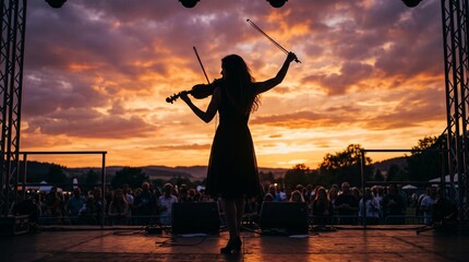 Fototapeta premium Violinist Silhouette Outdoor Stage Sunset Passionate Performance Photography