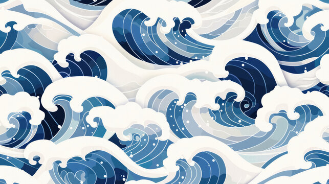 Traditional Japanese style ocean waves background with white foam and swirling patterns in various shades of blue