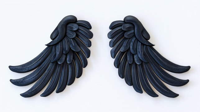 Elegant black angel wings decor with textured finish on white background