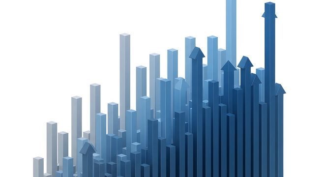 3D Business Bar Chart Showing Exponential Growth and Positive Financial Trends with Rising Blue Arrows for Corporate Success Strategy