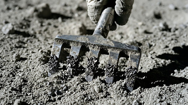 Gardener's hand with small rake cultivating dry soil during daytime close-up