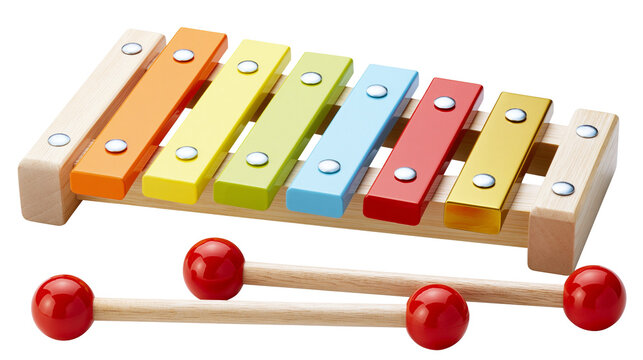 Wooden xylophone with colorful metal bars and red mallets