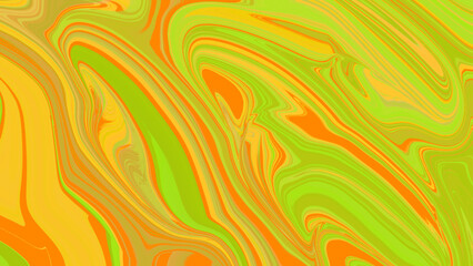Abstract wavy background illustration with a fluid texture, featuring a striking combination of neon green, yellow, and orange. © Riza faryunanda