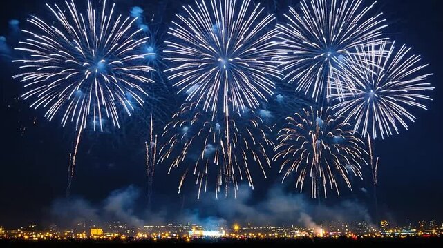 Bright colorful fireworks exploding over a dark night city skyline