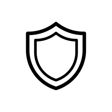 Minimalist blank shield icon with uniform thick black stroke. Security and protection outline symbol isolated on white background.
