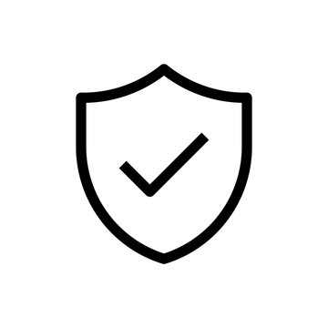 Security shield icon with checkmark symbol. Minimalist bold line design representing protection approved, verified, and safe status.

