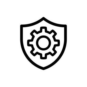 Gear shield icon showing system protection, setting security, or technical maintenance. Minimalist uniform black line style.
