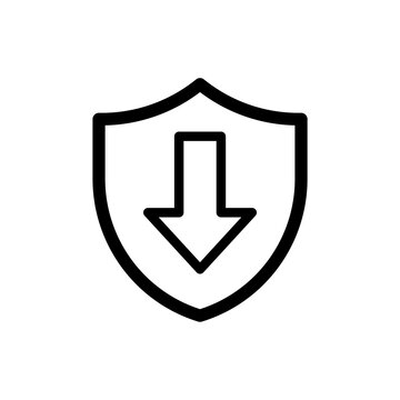 Arrow down shield icon representing download protection, decrease risk, or inbound security. Minimalist bold outline art.
