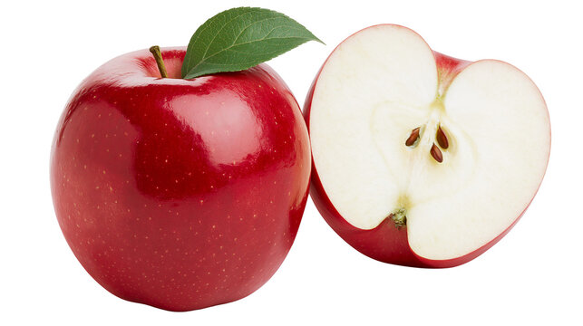 Whole red apple with green leaf and half apple showing seeds