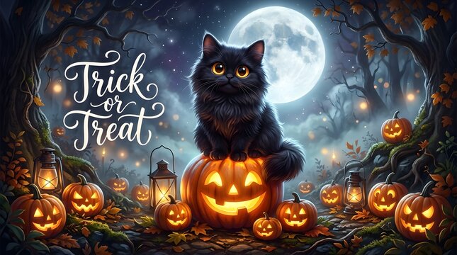 Black cat sitting on a glowing jackolantern in a spooky forest