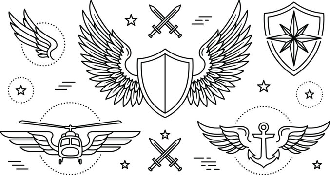 Military heraldry emblem vector line art set with shield wings swords helicopter anchor stars and crest elements