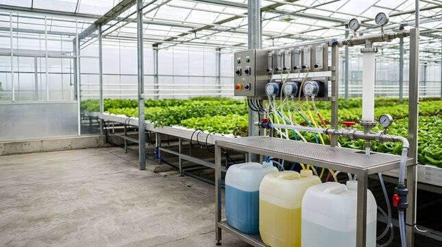 precision hydroponic fertigation mixing system supplying balanced nutrient solution for commercial greenhouse leafy vegetable cultivation