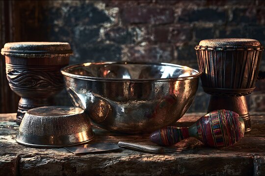 Artisanal percussion instruments and metal bowls on a rustic wooden tabletop still life with against dark brick