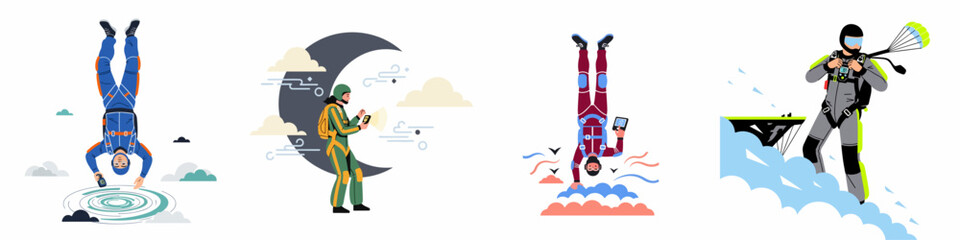 Collection of flat vector illustrations showing skydivers and base jumpers in mid-air and preparing for jumps, emphasizing extreme sports and altitude tracking equipment. © Abu
