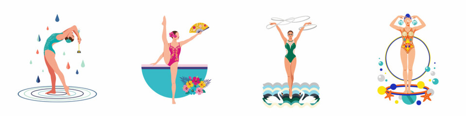 Set of artistic illustrations featuring women in decorative swimsuits performing various aquatic and circus-inspired routines with hoops, fans, and swans.