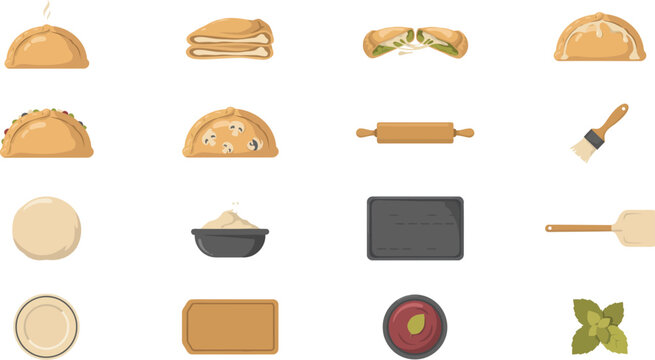 Set of flat vector icons featuring delicious empanadas, baking tools, dough, and fresh ingredients for kitchen