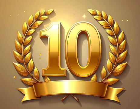 Golden number 10 framed by a laurel wreath and ribbon, celebrating anniversary or achievement