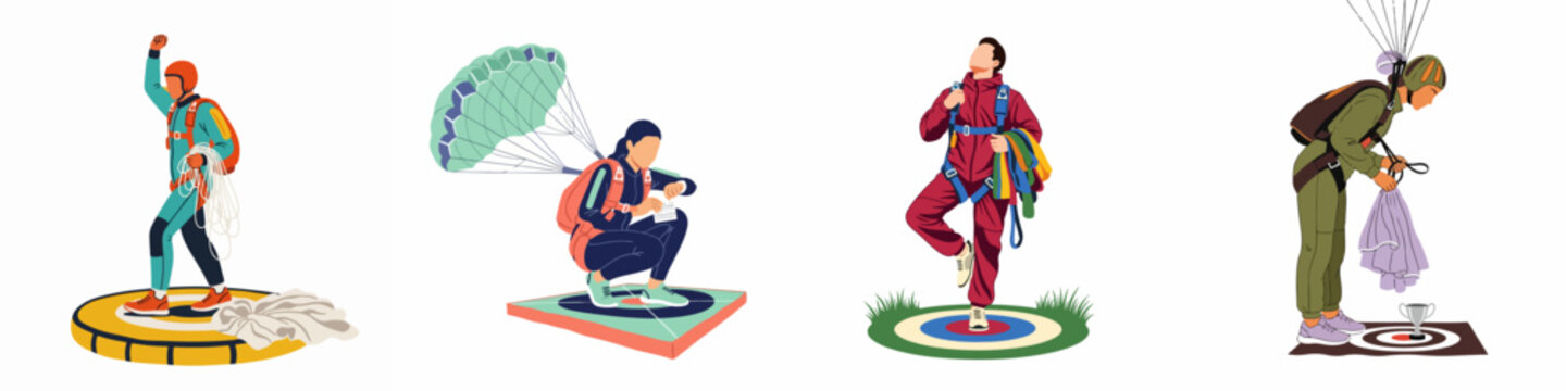 Set of illustrations depicting skydivers and paragliders landing successfully on various target mats after their jumps.