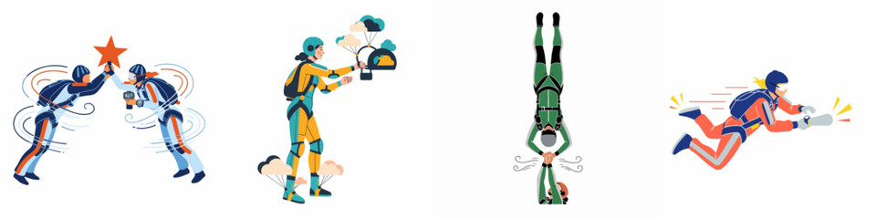 A set of illustrations depicting various skydiving poses and characters in colorful gear, perfect for extreme sports and adventure themes. © Abu