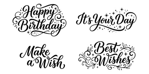 Elegant handlettered birthday greetings with flourishes and sparkles on a white background for cards invitations and celebratory designs © KaziSharmina