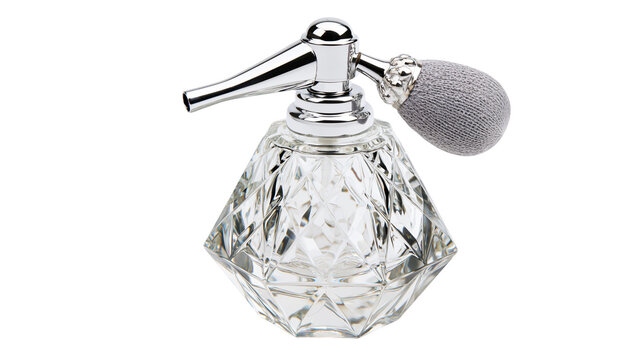 Vintage crystal perfume atomizer with silver metal accents and grey bulb