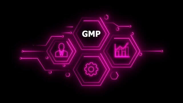 Abstract neon Hud knowledge ability business gear icon Glowing neon line concept. Glowing " GMP " button in German on a futuristic, abstract wave technology on black background. 4K animation video