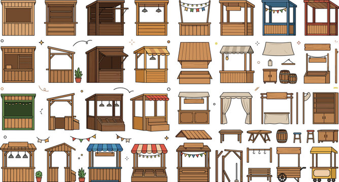 Wooden market stall vector set with isolated cartoon icons of street food kiosks fair booths empty festival kiosks and market components on white background