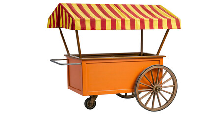 Orange food cart with red and yellow striped awning and wooden wheels © Isolde