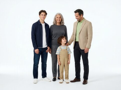 Cheerful multi-generational family standing together featuring a grandmother father handsome teenage son and cute young boy smiling warmly isolated on a clean white background studio portrait.